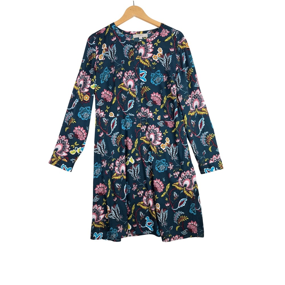LOFT Floral Print Long Sleeve Dress size 14 Green/Blue/Pink